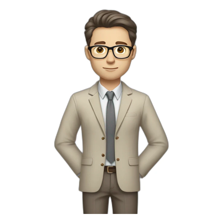 Full height Gesticulating Pale skinned fit man with dark brown hair in gray jacket, beige office shirt, brown tie, brown pants and vintage glasses. sticker