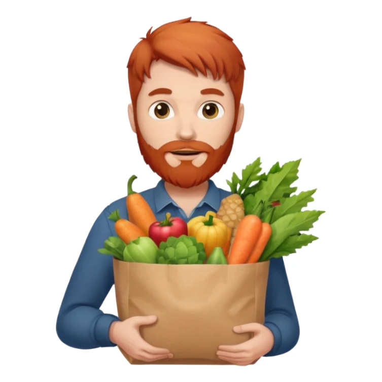 red bearded male holding a grocery bag sticker