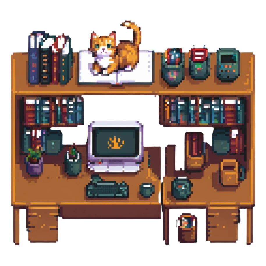 a desk with a cat, books, and computers in pixel art style sticker