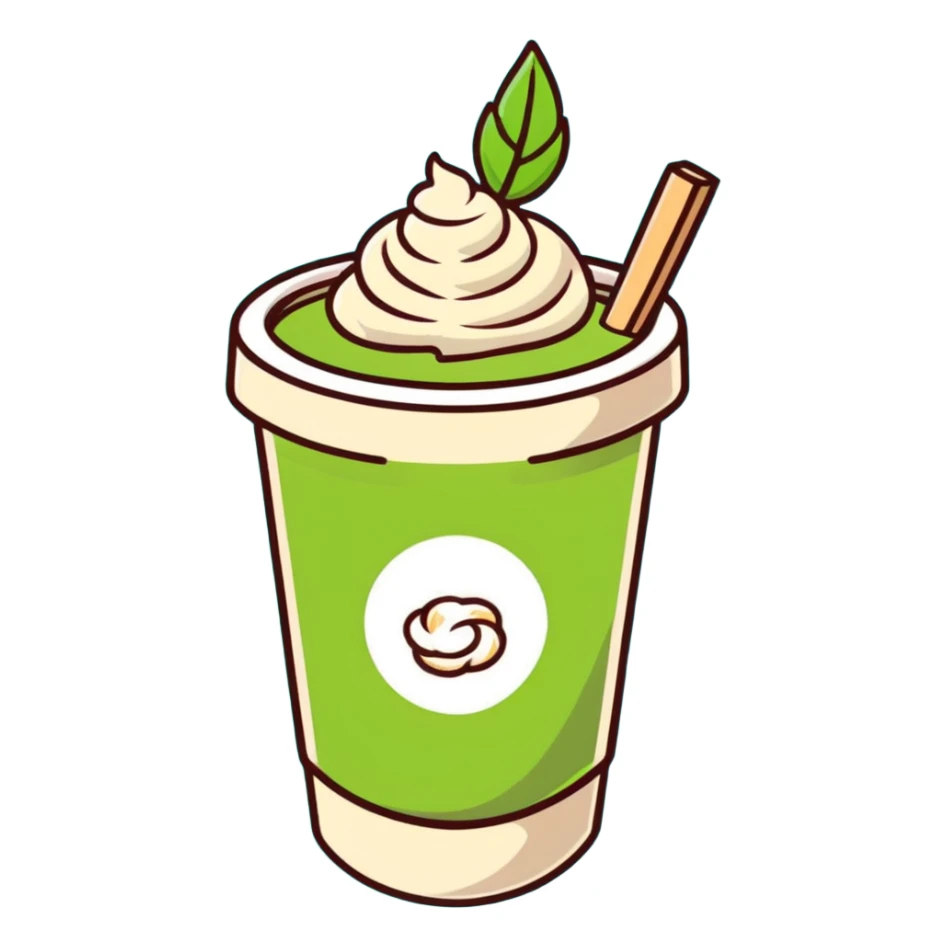 matcha latte in warm olive-brown tones with leaf detail, cute cookie beside it, soft dreamy sticker