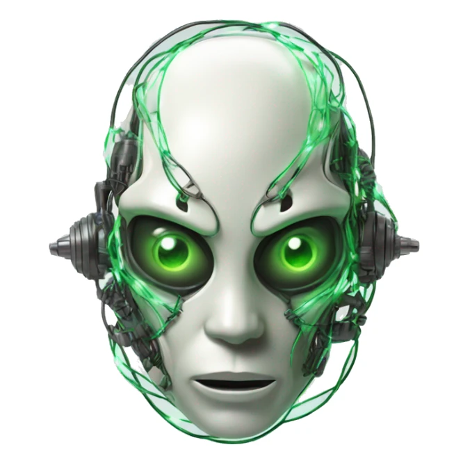 Alien cyborg head with glowing wires and green eyes  sticker