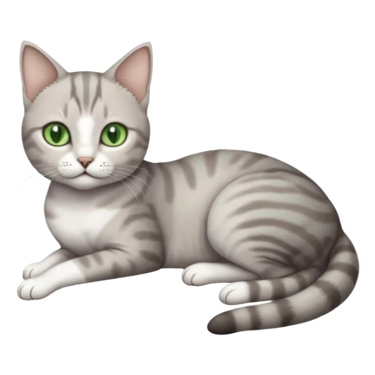 full body tiny short hair grey and white cat with white front legs and green  eyes lying down sticker