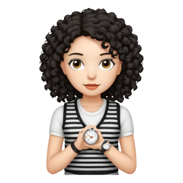 Chica joven con cabello rizado y oscuro, piel clara, vestida con un chaleco tejido blanco con rayas negras y una camiseta blanca debajo. Lleva un reloj plateado  sticker