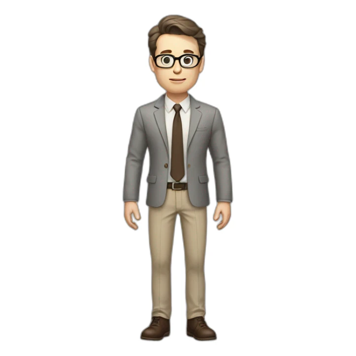 Full height Actively Gesturing Pale skinned fit man with dark brown hair in gray jacket, beige office shirt, brown tie, brown pants and vintage glasses. sticker