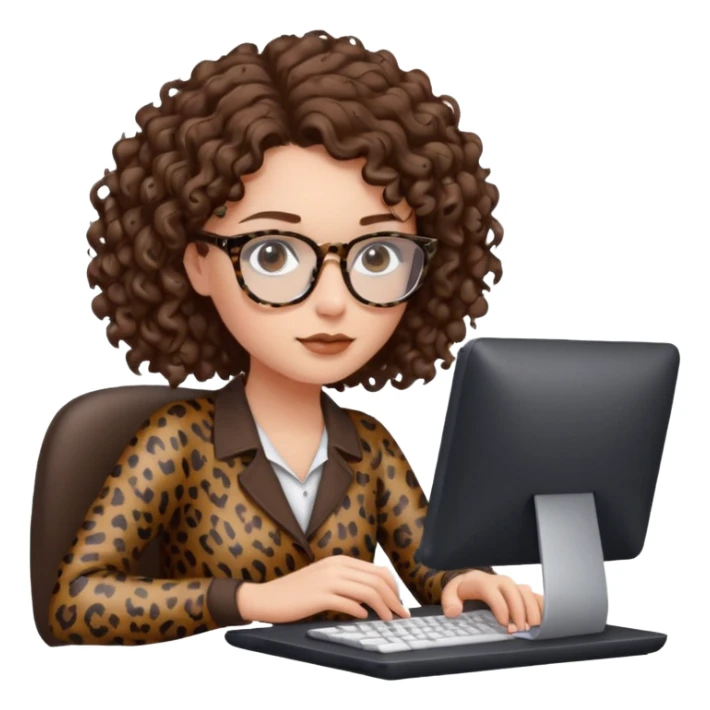 a white young woman with curly brown hair typing in a computer, she's using dark brown leopard glasses and clearly writing something sticker