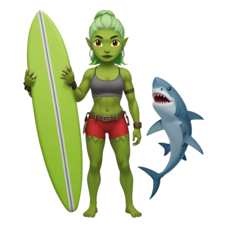 orc female holds a little surfboard with a shark painted vertically in his hands sticker