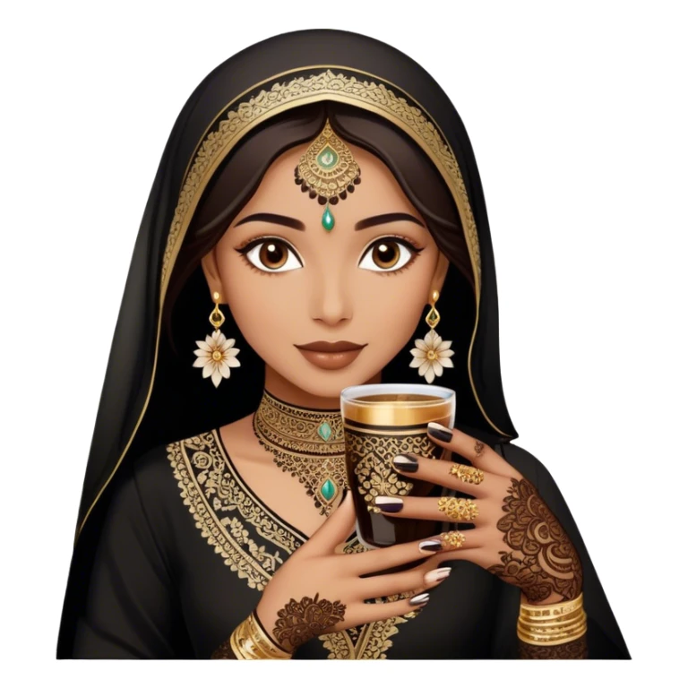 A delicate hand adorned with intricate floral henna designs holds a traitional glass of Arabic coffee. The deep brown henna contrasts beautifully with the rich embroidery of the black outfit, which features shimmering floral patterns. A gold ring and dark nail polish add elegance to the aesthetic. sticker