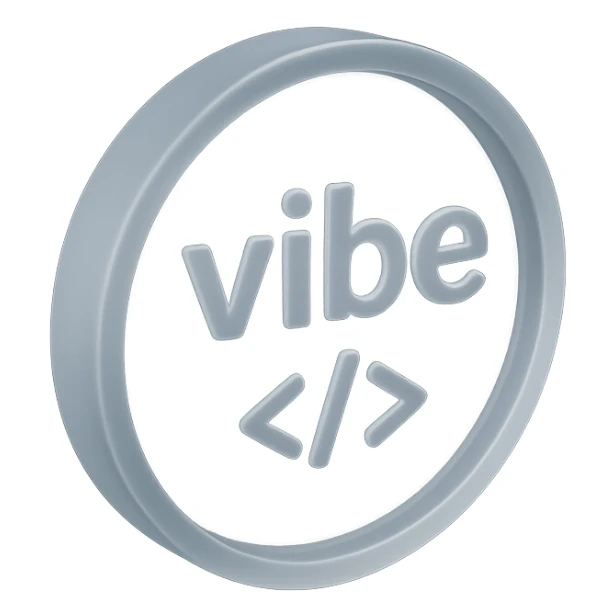a glassy coin with the word 'vibe' and coding symbols in matte glass style sticker
