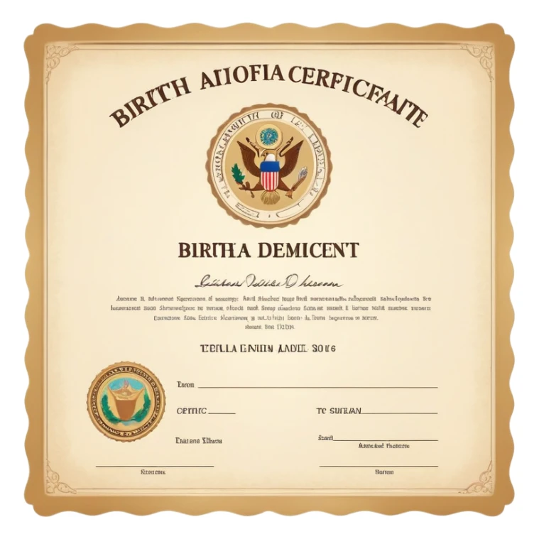 Birth certificate document with name, date of birth, and official seal sticker
