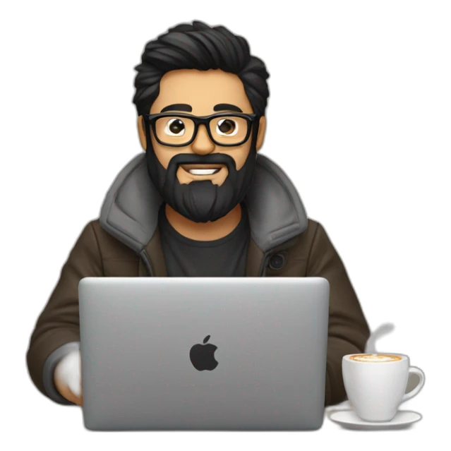 Designer with black hair, beard and glasses working with MacBook and drinking cappuccino  sticker