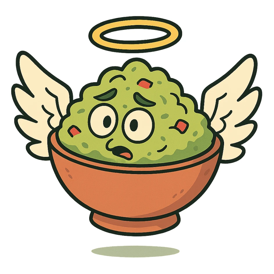guacamole bowl with angel wings and a halo sticker