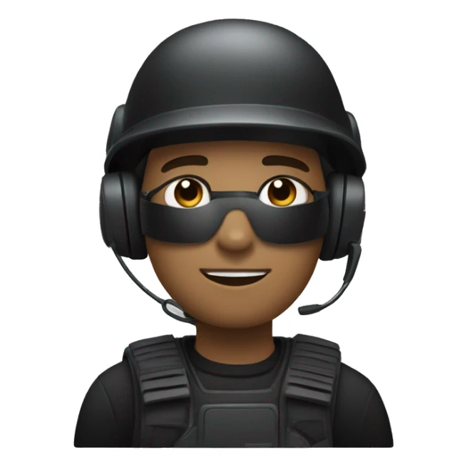 operator dressed in black with a milatary helmet, without glasses, wearing a headset, ready to respond to alerts, preferably male white sticker
