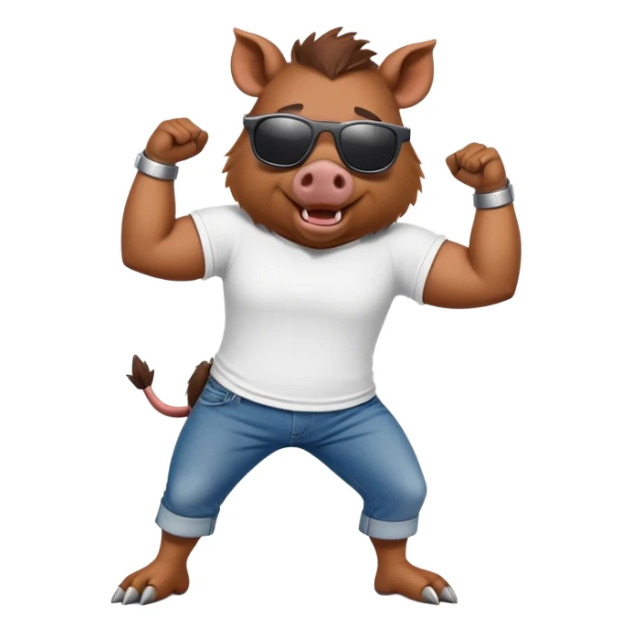 friendly anthropomorphised boar in jeans and a t-shirt, wearing dark sunglasses, stretching pose sticker