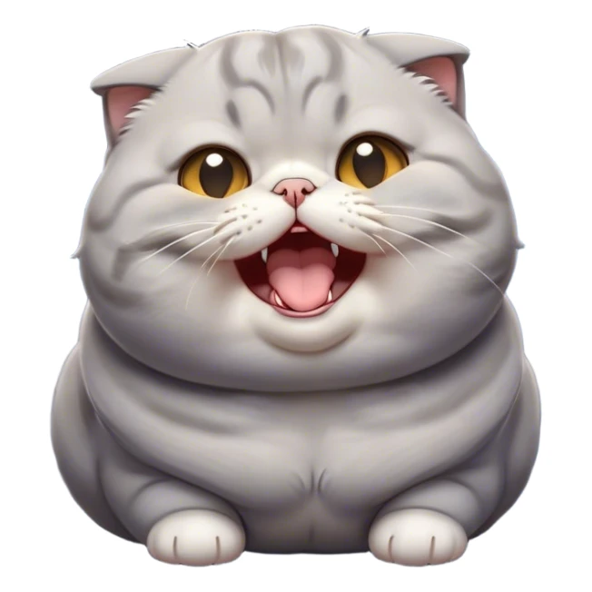Cinematic Cute Chubby Grey Scottish Fold Cat Portrait Emoji, Adorable folded ears framing its round face, head tilted playfully and yawning, round and plump body with sleek soft grey fur and subtle blue undertones, Simplified yet adorable features, highly detailed, glowing with a warm, friendly glow, high shine, curious yet calm, stylized with a touch of whimsy, bright and endearing, soft glowing outline, capturing the essence of a mischievous yet loving and lazy kitty with those signature folded ears, so cute it feels like it could stretch out of the screen and cuddle! sticker