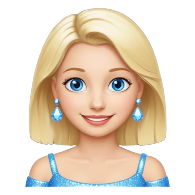 make this real, blond, below shoulder, blue eyes, 50s, sparkle in the eyes, fun, smile, no earings, relaxed style sticker