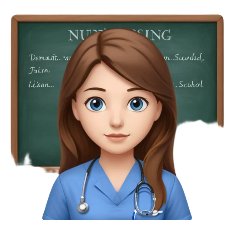 university classroom that says nursing school on the blackboard with a pretty female nursing student with long brown hair, blue eyes sticker