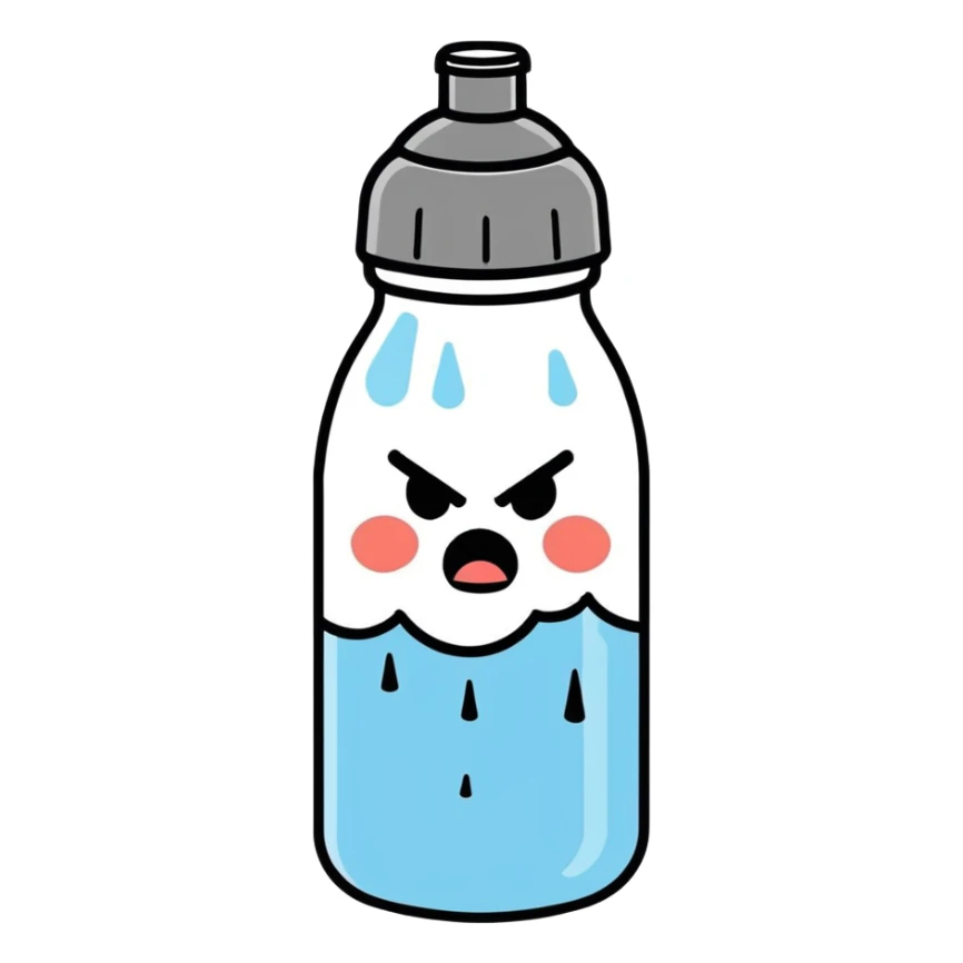 A rain cloud pouring down white insulated water bottles with an angry face and wearing a rock ‘n’ roll outfit sticker