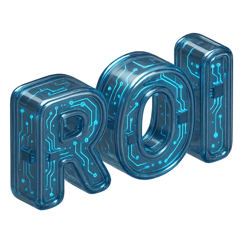 Glossy circuit-themed 'ROI' text, blue glowing accents sticker