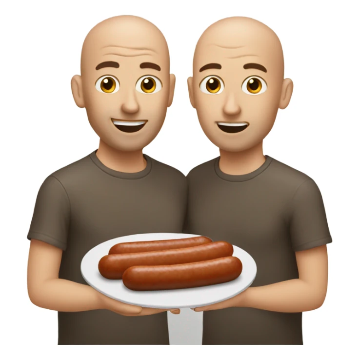 Two man eating one sausage one bald one brown hair sticker