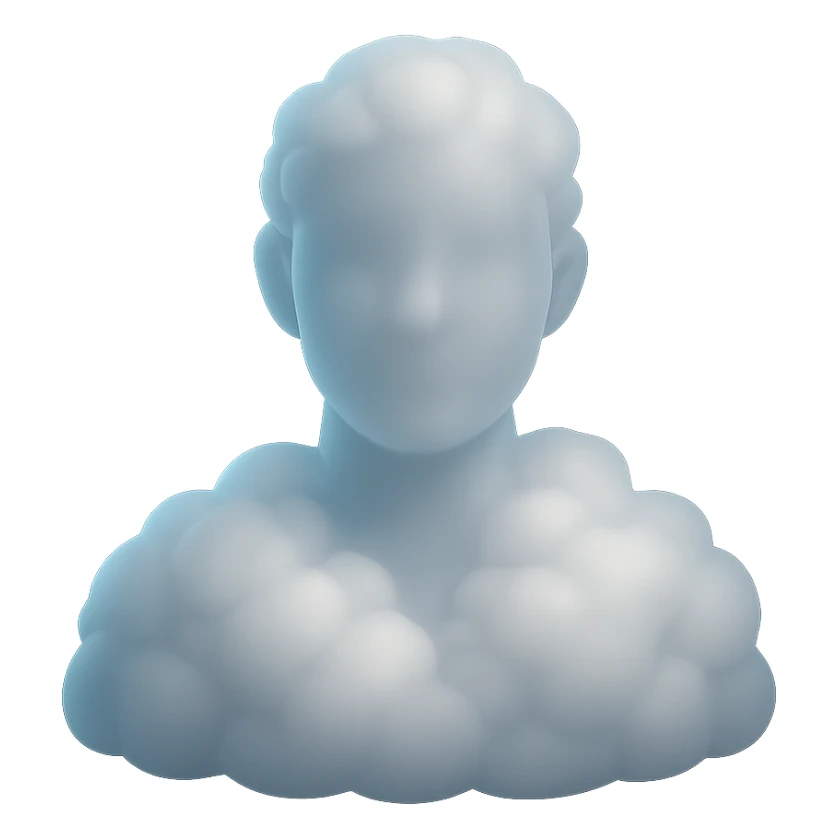 person made entirely of white clouds, shoulder up, front view, matte glass style sticker