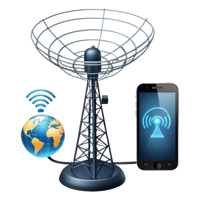 An icon featuring a satellite dish, a cell tower emitting signals, and a smartphone displaying a chat interface. The design includes fiber-optic cables and data waves, symbolizing global communication, connectivity, and information exchange. Transparent background. sticker
