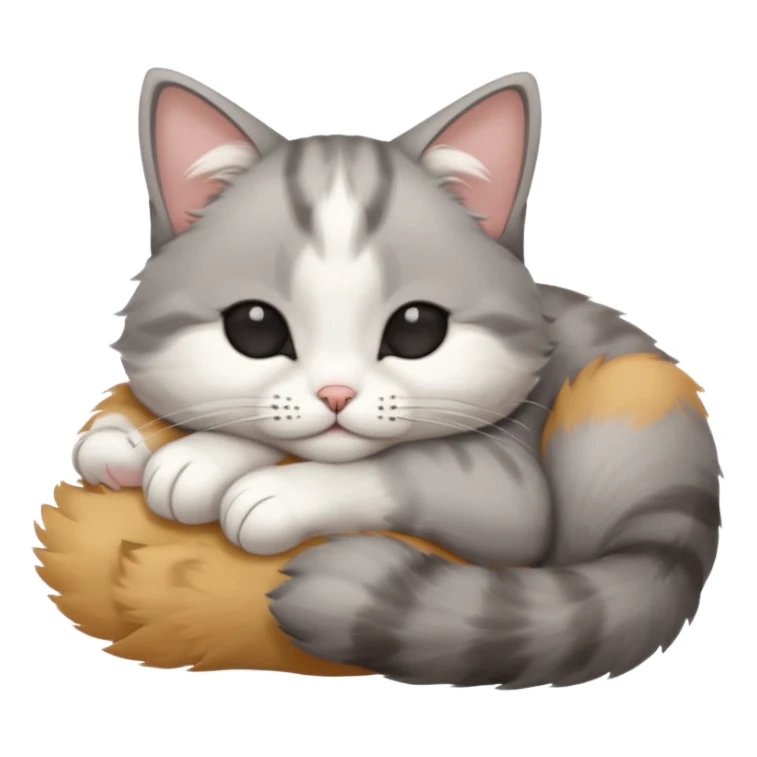 grey and white small cat with eyes closed lying down upside down with its head resting on its paw sticker