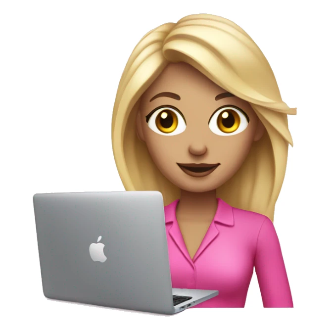 a blonde designer woman in pink clothes and with a pink macbook sticker