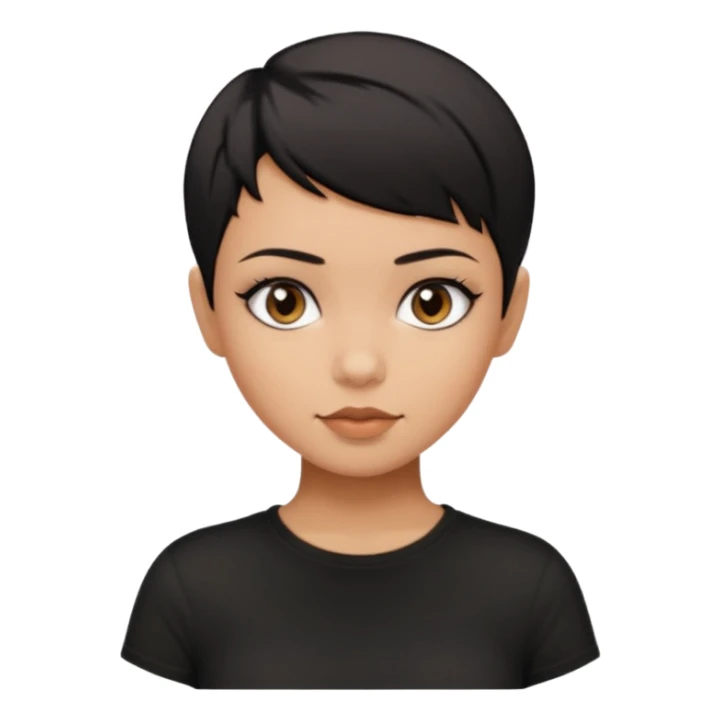 A girl with black short pixie haircut cut, dark brown eyes that almost look like black, caramel tone skin colour. Wearing a black t-shirt.  sticker