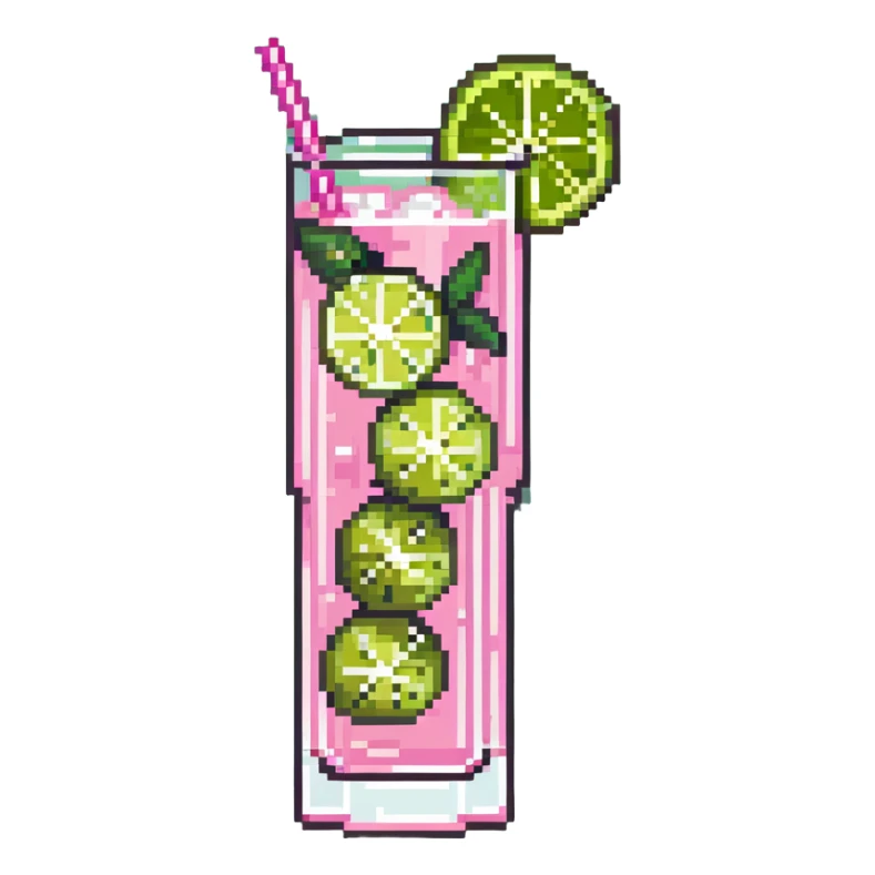 pink cocktail in tall glass with ice cubes and lime slice sticker
