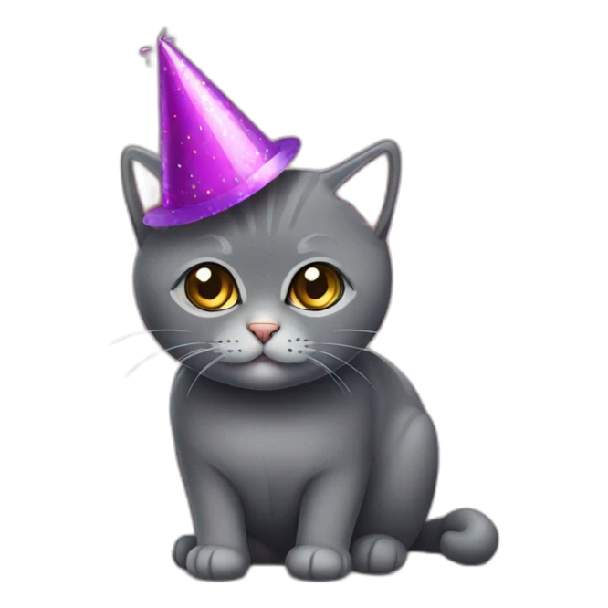 Dark Grey British short hair cat wearing a party hat sticker