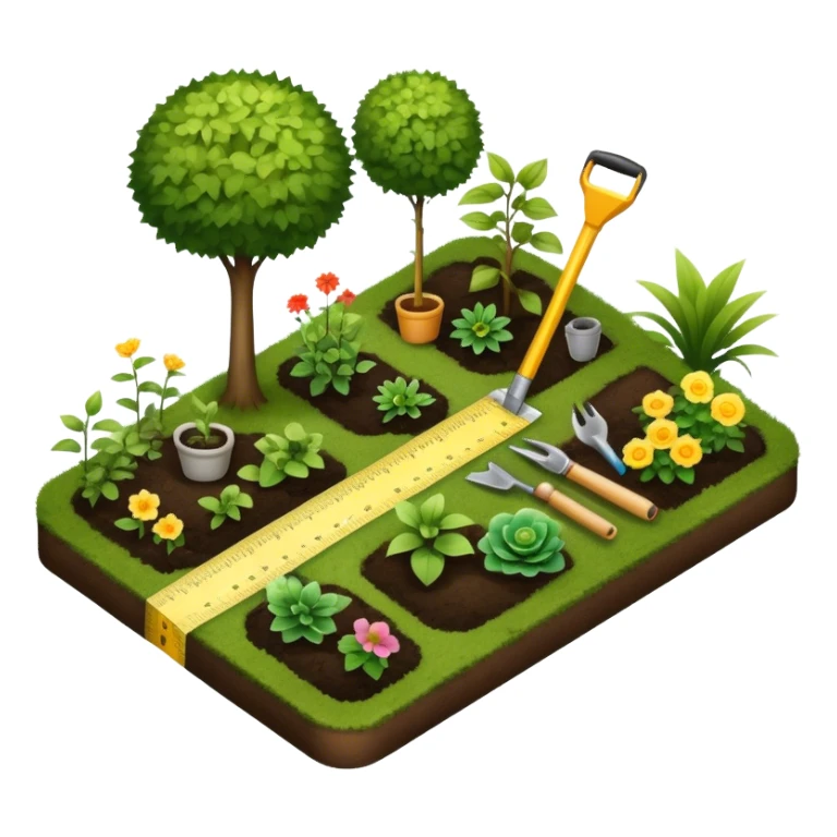 Icon for Landscape Design: a garden layout with plants, trees, paths, and design tools like a spade, pencil and measuring tape. The icon should represent creativity in outdoor space planning and gardening. Transparent background. sticker