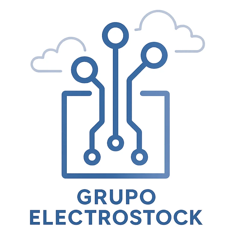 logo for Grupo Electrostock, abstract circuit pattern, blue and silver, futuristic, clean lines, business style sticker