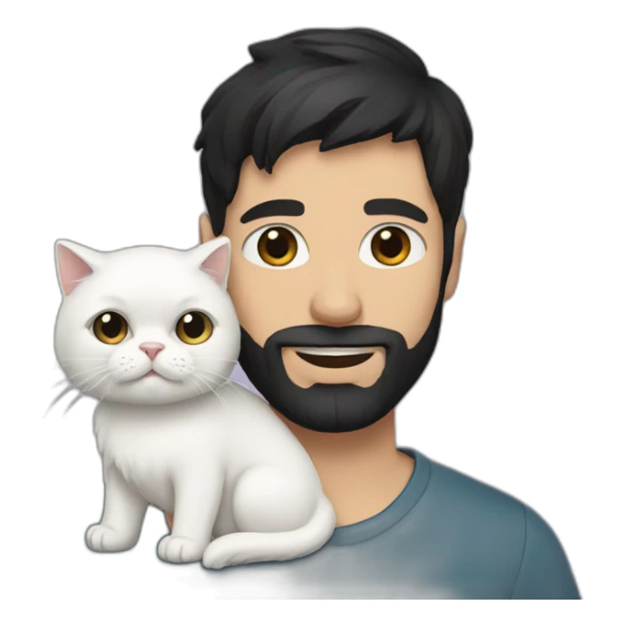 a man with black short hair and beard holding a white persian cat sticker