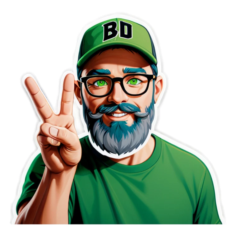 A bold man with a grey baseball cap, green eyes, big beard and glasses, waving  sticker