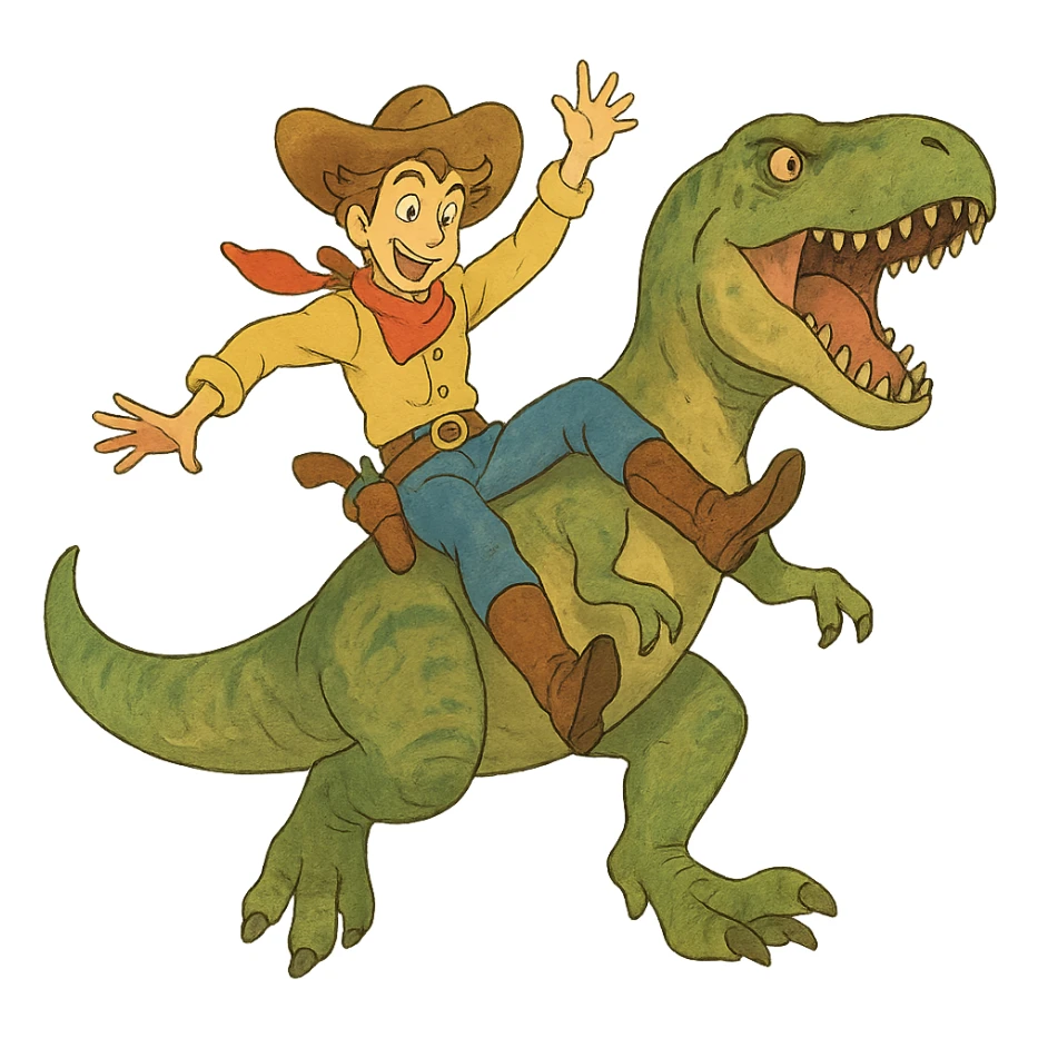 energetic and whimsical cowboy sliding down a t-rex sticker