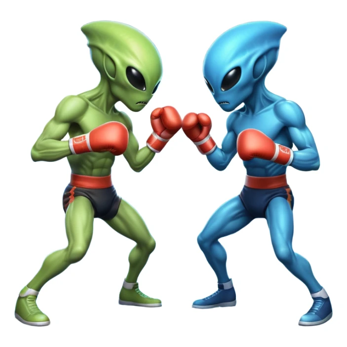 two alien fighters boxing, mid-punch action, motion blur effect, glowing energy impact, dramatic lighting, 3D cartoon, mobile game icon style, clean background, no text, no watermark
 sticker