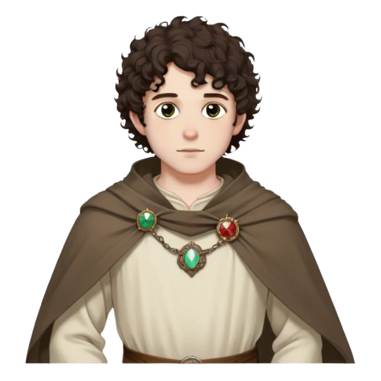 medieval spring outfit worn by a DnD themed fantasy male character. thin wool tunic with a light cloak draped over one shoulder, secured by a wooden brooch. clothes only above the waist. The clothes full waist. The character's haven't arms. character is white-skinned, dark brown hair, hazel eyes, short curly hair. sticker