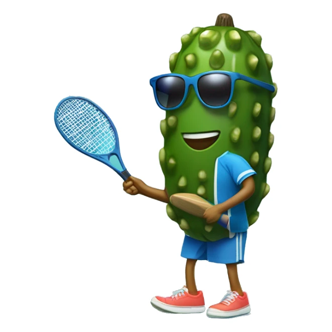 pickle holding a paddle ball racket, blue backgound, wearing sunglasses sticker