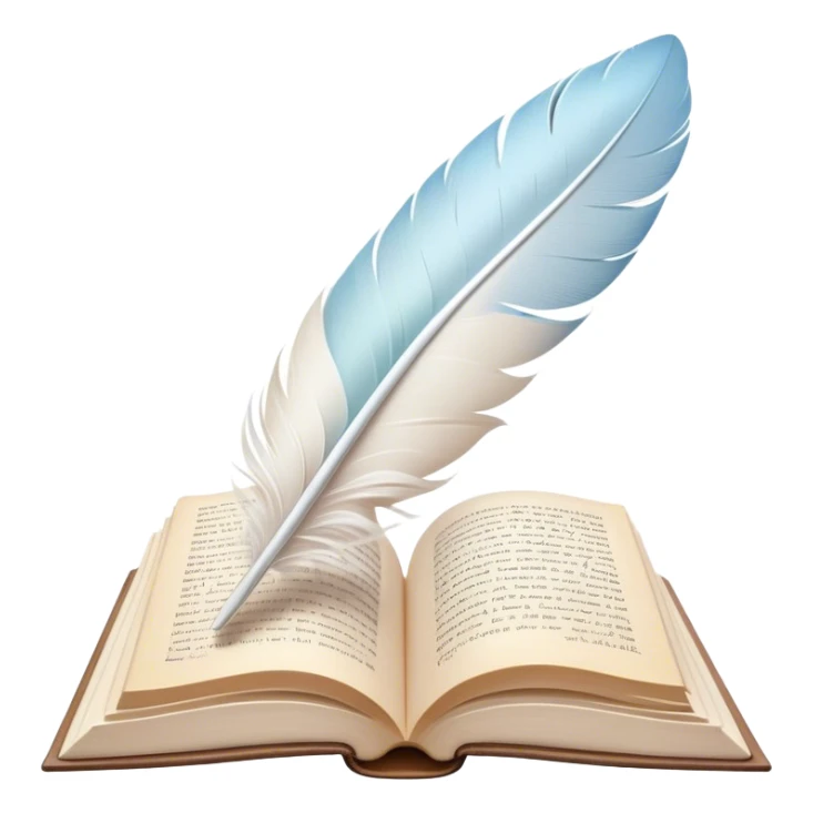 Create a delicate and poetic emoji representing poetry. The design should feature several elegantly flying pages with short poetic columns written on them. The pages should appear light and flowing, almost as if being carried by the wind. Include a white feather gently resting on the pages, symbolizing creativity and inspiration. Use soft, pastel tones to give it a dreamy, artistic feel. The design should feel ethereal and whimsical, capturing the essence of poetry. Make the background transparent. sticker