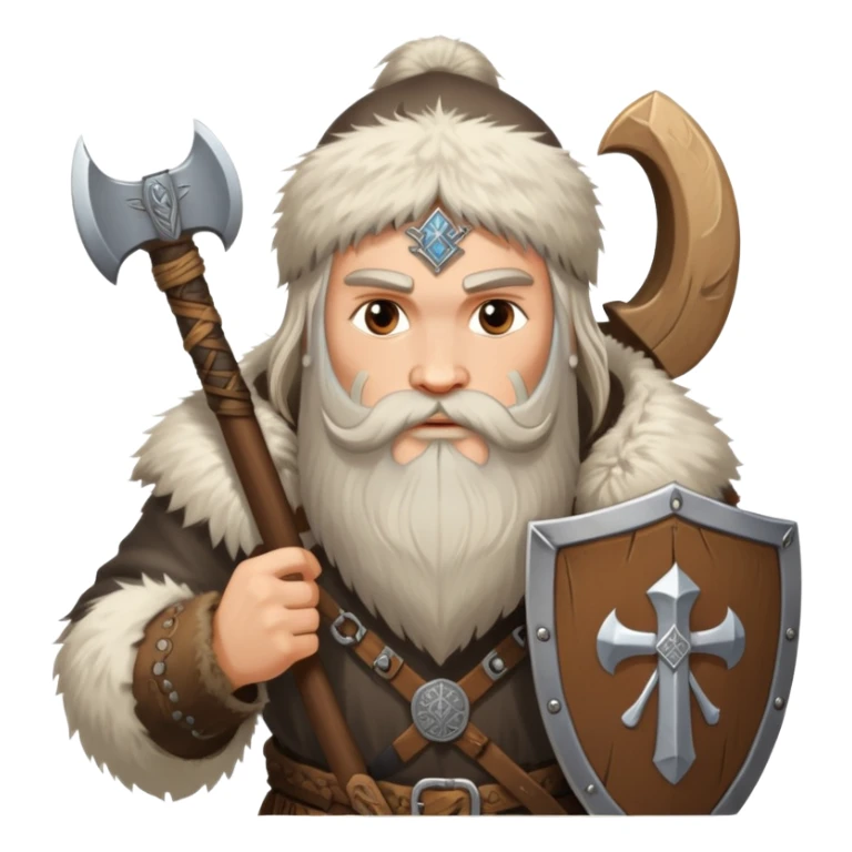 Russian pagan warrior with fur clothing, axe, shield with Slavic symbols, long beard sticker