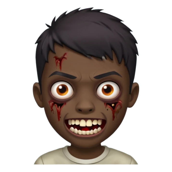 Make a boy zombie dark skin and short black 4c hair, showing a grilz teeth sticker