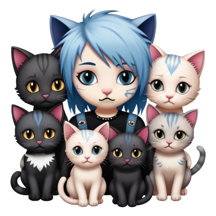 two emo cats in love with tattoos and cool hair, surrounded by five emo kittens sticker