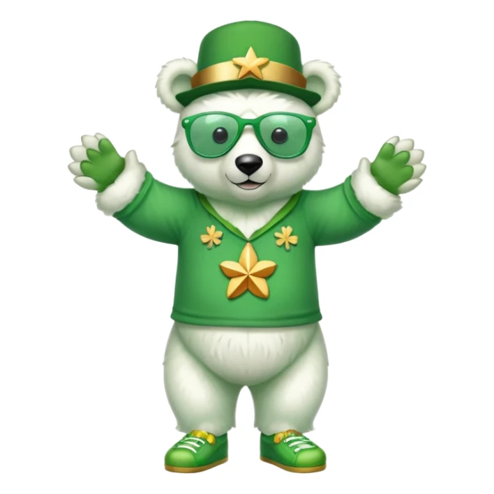 full body friendly anthropomorphised polar bear wearing oversized colorful star glasses, green hat, shamrock accessories, festive green shirt, green shoes, St. Patrick's Day sticker