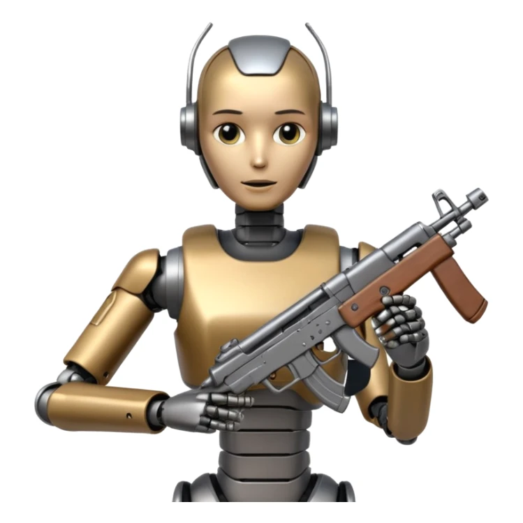 An AI humanoid robot looking smart and holding an AK-47 sticker