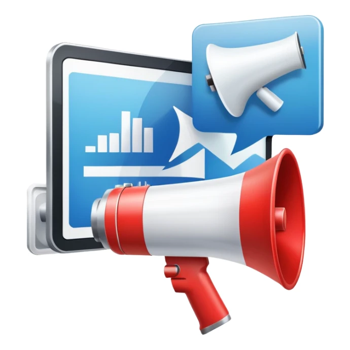 An icon featuring a megaphone, a billboard, and social media icons, symbolizing advertising and public relations. The design includes a press release and a rising graph, representing brand promotion and communication strategies. Transparent background highlights media influence and outreach. sticker