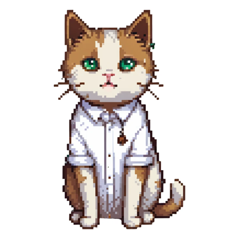 pixel art of a cat looking embarrassed, white shirt, visible brown poo mark sticker