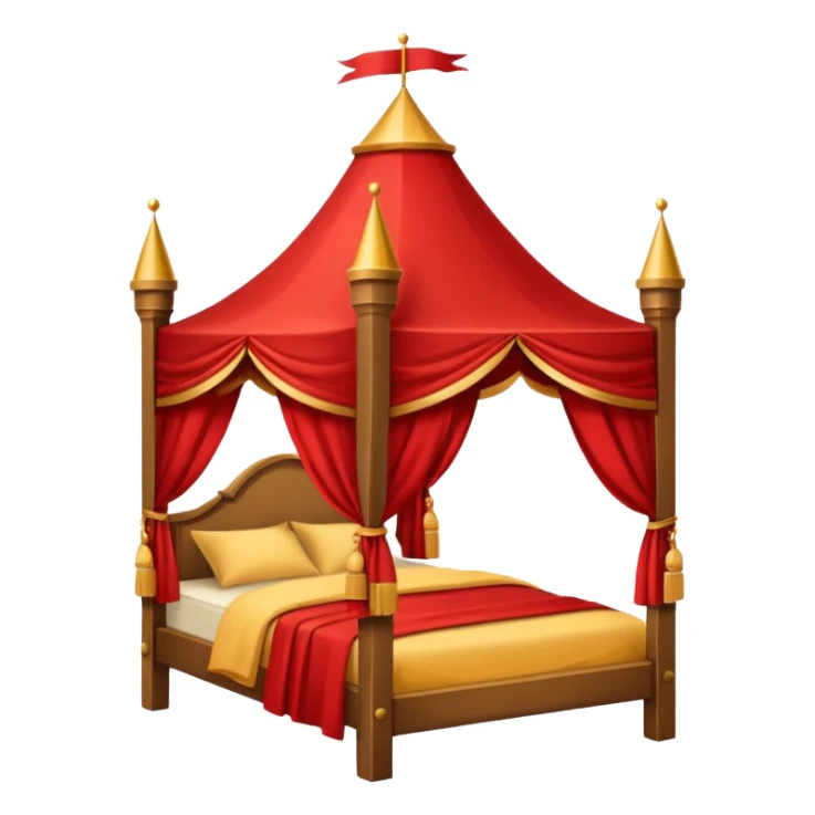 bed with red and gold sheets, wooden, canopy, simple, castle like sticker