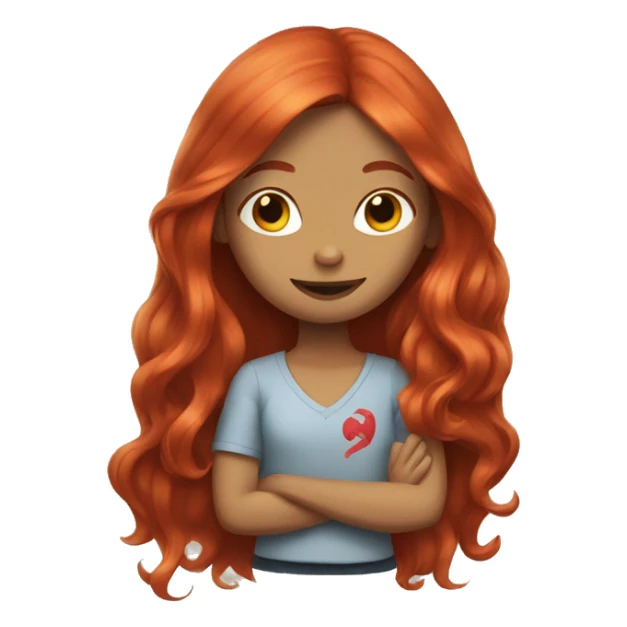 A girl with long red hair make a peace sign sticker
