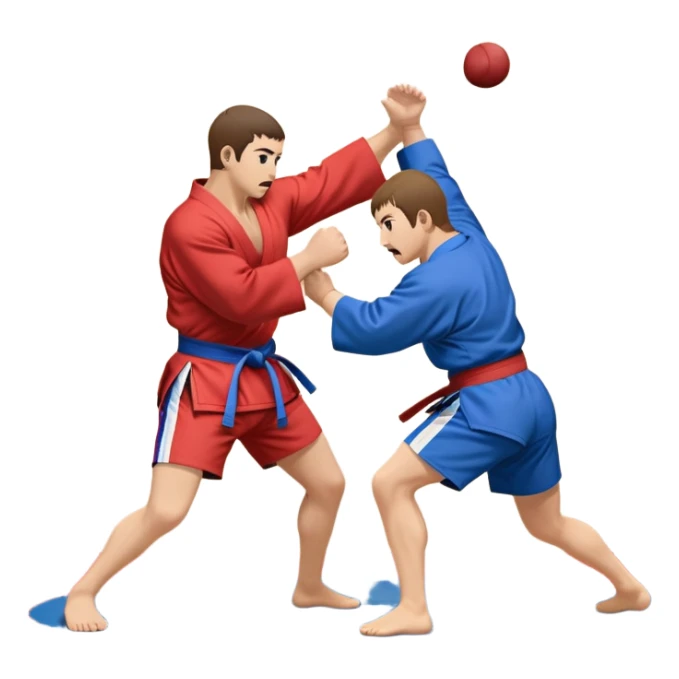 An icon symbolizing Sambo, featuring two fighters in blue and red kimonos with shorts. One executes a powerful throw, while the other attempts a defensive grab. The fighters are engaged in a grapple, using joint locks and sweeps. The background features a wrestling mat/ sticker