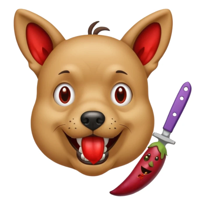 dog with crazed eyes holding bloody knife and eggplant in mouth sticker